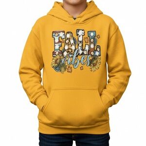 Gildan Youth Gold Yellow Fall Vibes Gnome Graphic Hoodie Sweatshirt kids
